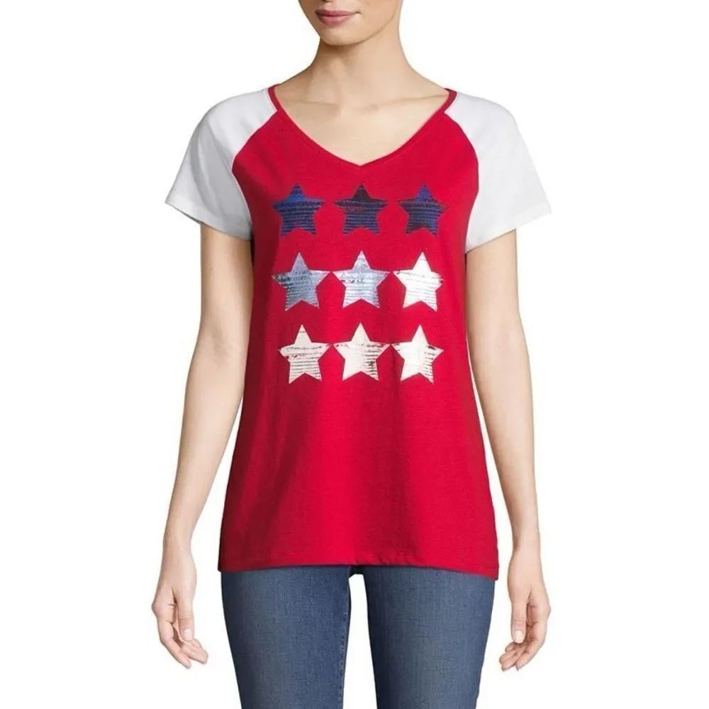 St. John's Bay Short Sleeve Americana USA stars flag  patriotic V Neck T-shirt L